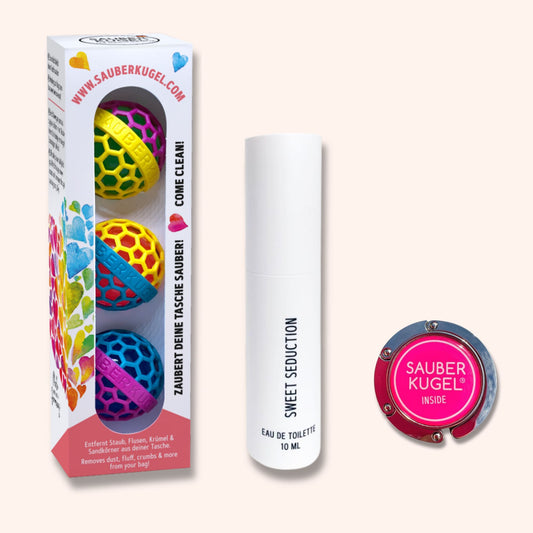 Buntes 3er Geschenkset – Taschenreiniger, Duft & Taschenhalter